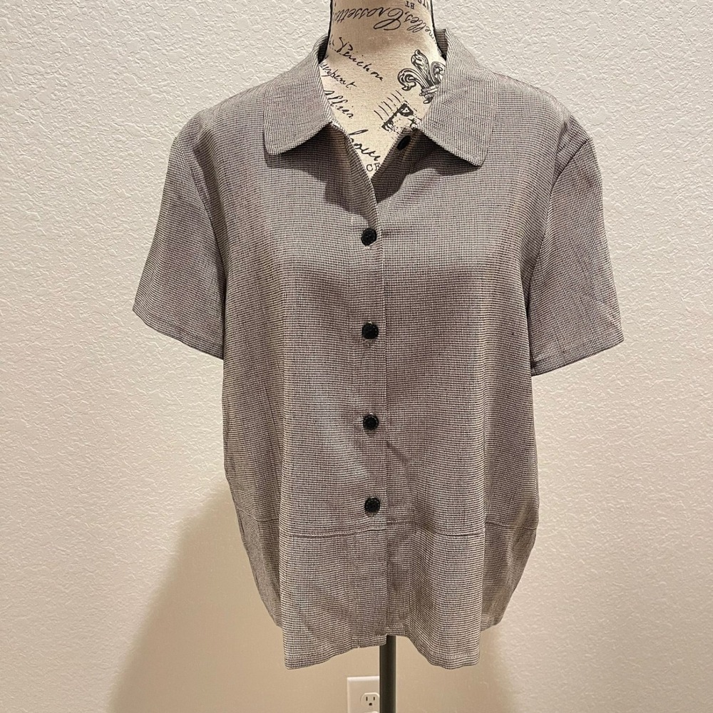 VTG Kathie Lee Collection Women's LButton Down Short Sleeve Blouse Houndstooth‎